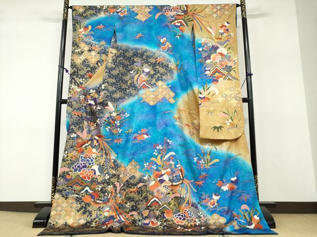 長閑やかさ屋御召しもの●晴れ晴れしい振袖 鳳凰顕花植物文 暈し染め 金彩 正絹 珠玉 DABF1264ud
