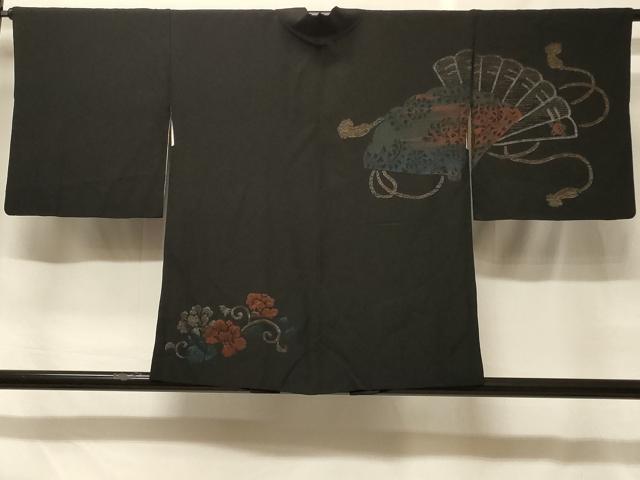 平和屋着物#羽織 寿光織 檜扇花唐草文 黒地 金銀糸 正絹 逸品 CABF8843in|平和屋