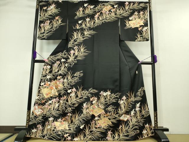 平和屋本店■極上　十日町老舗ブランド　吉澤友禅　吾妻徳穂　訪問着　駒刺繍　冊子花鳥文　千鳥　黒地　金彩　逸品　DZAA5335kh5｜平和屋