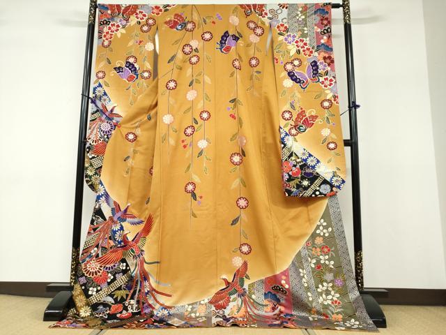 長閑やかさ屋御召しもの●晴れ晴れしい振袖 駒刺しゅう 宝尽くし鳳凰顕花植物文 金彩 正絹 珠玉 DABF1270ud