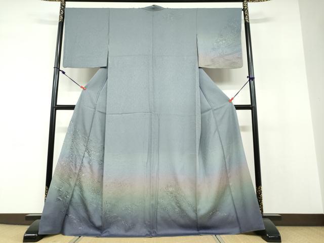 長閑やかさ屋御召しもの●中国三大刺しゅう 汕頭刺繍 スワトウ刺しゅう 短い訪問着 水筋貝桶花文 暈し染め 金糸 正絹 珠玉 DABF1268ud