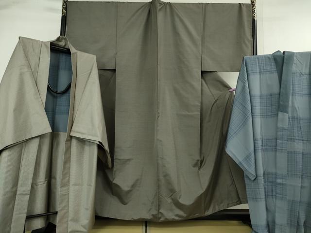 平和屋本店□極上 男性 紬 アンサンブル・長襦袢セット 色無地 銀鼠色