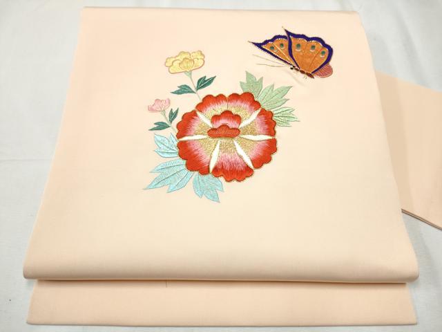 長閑やかさ屋御召しもの●塩瀬 九寸名古屋帯 駒刺しゅう 総刺しゅう 花蝶文 金糸 正絹 珠玉 CABD0467hy