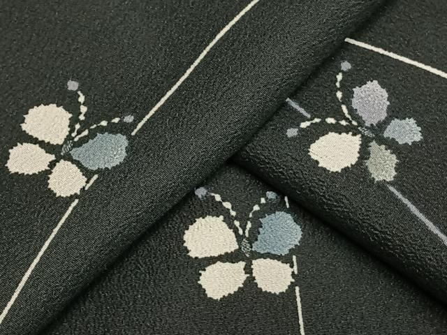 長閑やかさ屋お召しもの▽小紋 単衣 立涌舞蝶文 黒地 洗えるお召しもの AAAU8555fy