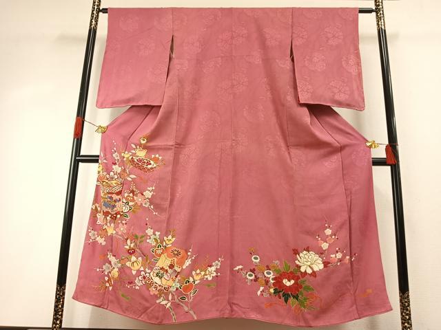 平和屋着物●アンティーク　大正ロマン　訪問着　駒刺繍　貝桶花文　金糸　金彩　正絹　逸品　AABH5029fy｜平和屋