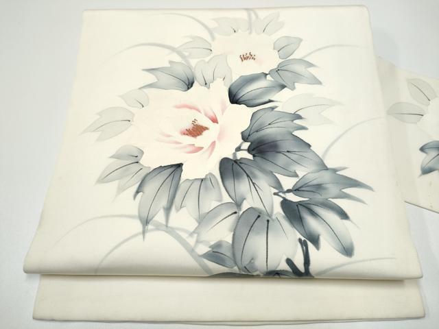 長閑やかさ屋御召しもの●塩瀬 九寸名古屋帯 絵書き物 墨付き 名取り草 金彩 正絹 珠玉 CABF8799hy