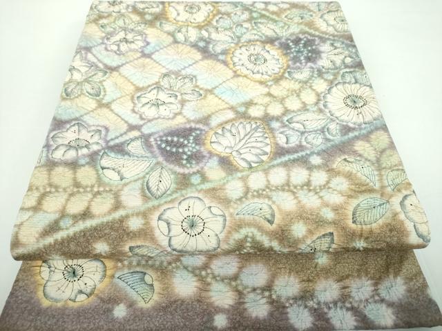 長閑やかさ屋御召しもの●梅原虎峰 幻の辻が花 膜鳴楽器柄袋帯 絞り 辻が花 金通し地 正絹 珠玉 DABB4770ps