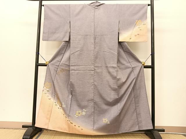 長閑やかさ屋お召しもの▽短い訪問着 単衣 紬地 顕花植物文 暈し染め 金彩 銀通し地 正絹 珠玉 BAAT9140yc
