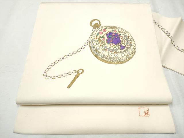 平和屋着物●塩瀬 九寸名古屋帯 作家物 懐中時計 金彩 正絹 逸品 CABD0477hy|平和屋