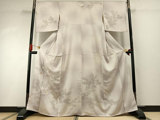 長閑やかさ屋御召しもの●短い訪問着 刺しゅう 墨付き 枝葉文 暈し染め 金糸 正絹 珠玉 AABI2001fy