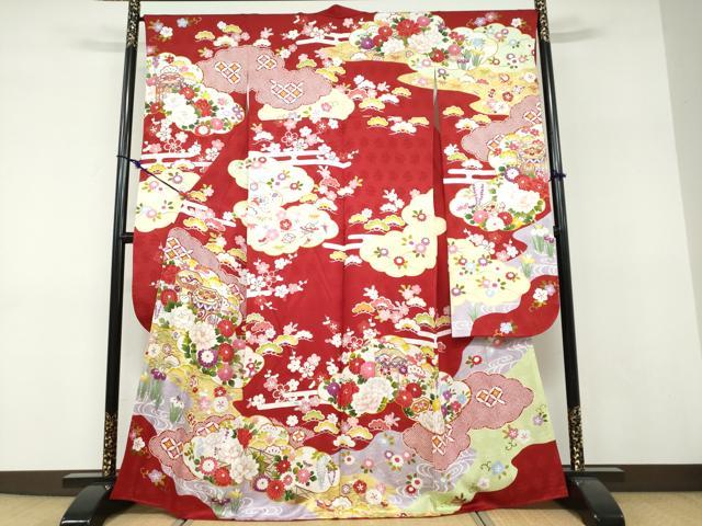 長閑やかさ屋御召しもの●晴れ晴れしい振袖 駒刺しゅう 貝桶顕花植物文 金彩 正絹 珠玉 DABF1216ud