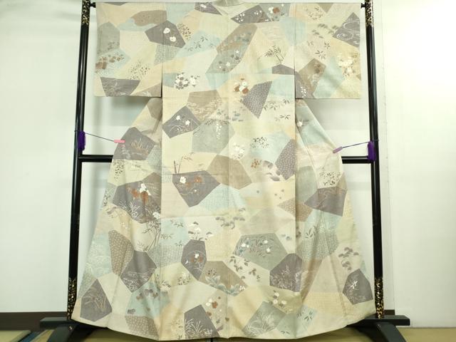 長閑やかさ屋中央局●御膳上等 築き上げる460年・千總 短い訪問着 発祥地結城紬地 刺しゅう 切嵌四季花文 珠玉 DZAB2978kh6 和服-レディースファッション