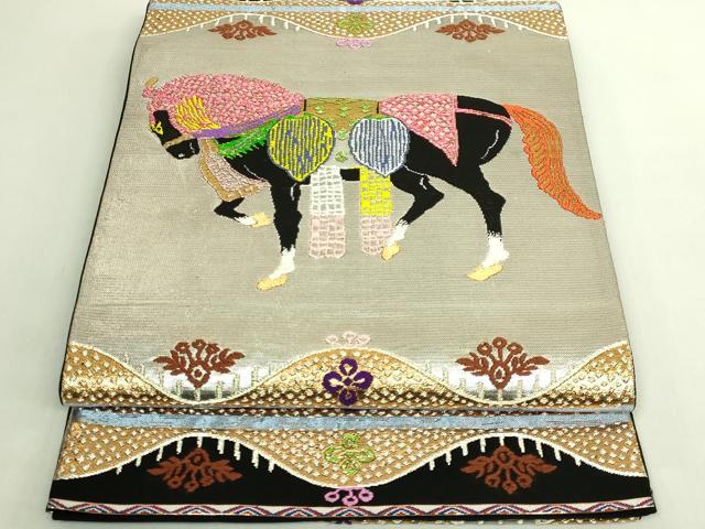 長閑やかさ屋中央局●最御前上等 龍村平蔵製 膜鳴楽器柄 本袋帯 天竺祭馬錦 黒地 現ナマ糸 珠玉 DZAB6618kh6
