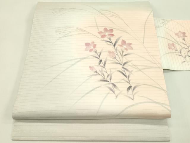 長閑やかさ屋お召しもの＊夏物 絽塩瀬 九寸名古屋帯 墨付き 顕花植物文 銀彩 正絹 珠玉 未当て嵌める CABH5833rv