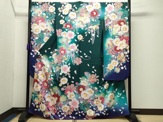 長閑やかさ屋御召しもの●晴れ晴れしい振袖 駒刺しゅう 舞桜花文 暈し染め やまと誂製 正絹 珠玉 CABD8999gh