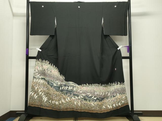 長閑やかさ屋御召しもの●晴れ晴れしい黒留袖 友禅 絵描き物 飛鳥松梅文 暈し染め 正絹 珠玉 CABD9001gh