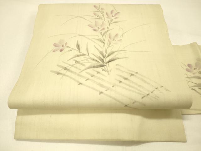長閑やかさ屋御召しもの＊夏物 九寸名古屋帯 絵描き物 墨付き 被子植物文 正絹 珠玉 DABC8990糎