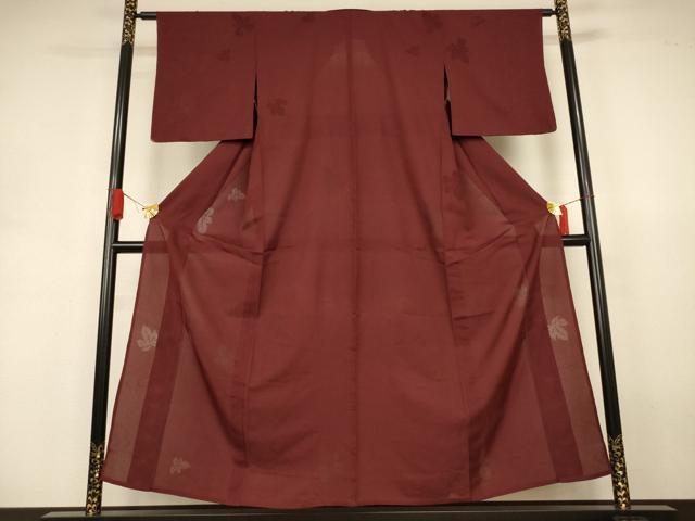長閑やかさ屋お召しもの＊夏物 色無地 縦絽 舞葉紋紗 葡萄茶色 正絹 珠玉 AABJ3386jd