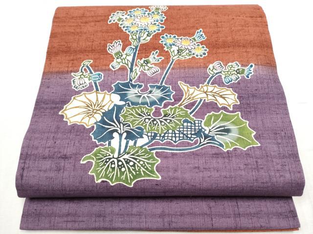 平和屋着物●九寸開き名古屋帯 紬地 型染め 草花文 正絹 逸品 CABC5252hy|平和屋