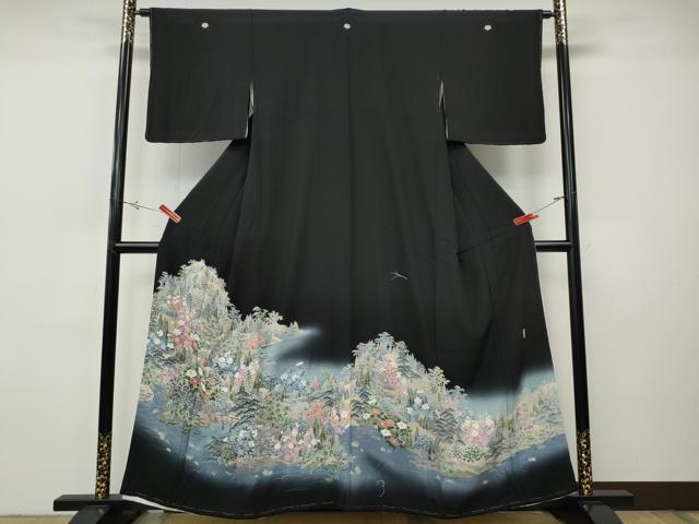 平和屋着物●豪華黒留袖 友禅 作家物 風景草花文 暈し染め 正絹 逸品 CABH9860ut|平和屋
