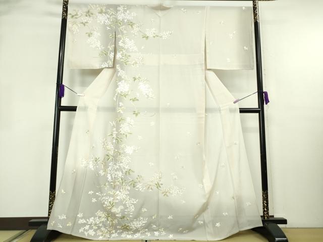 長閑やかさ屋中央局＊御前上等 夏物 短い訪問着 絽 総手刺しゅう 顕花植物文 アイヴォリー色地 暈し染め 金糸 珠玉 未当て嵌める DZAB2290kh6