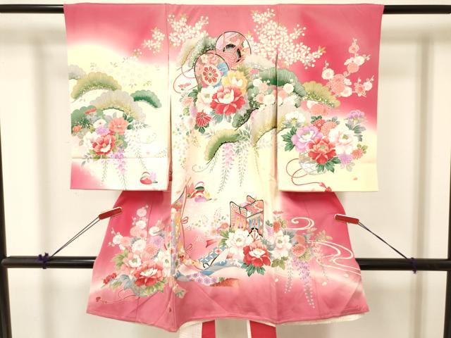 平和屋着物[]お宮参り　女の子　祝着　産着　初着　のしめ　几帳御所車鴛鴦鼓花文　暈し染め　金銀彩　逸品　DABA3918ma｜平和屋
