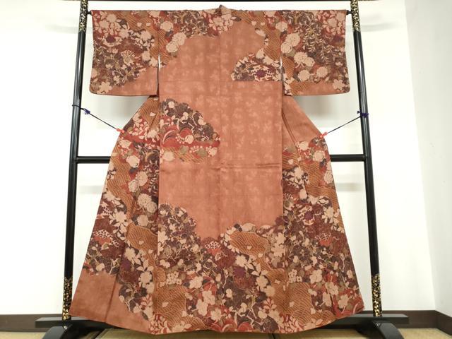 長閑やかさ屋お召しもの●短い訪問着 ふくれ織 辻が花 正絹 珠玉 DABC2118ud