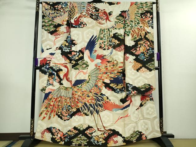 長閑やかさ屋中央局●御前上等 アンティーク 大正人情本 振袖 駒刺しゅう 宝尽くし飛鶴文 黒地 金彩 珠玉 DZAB3023kh6