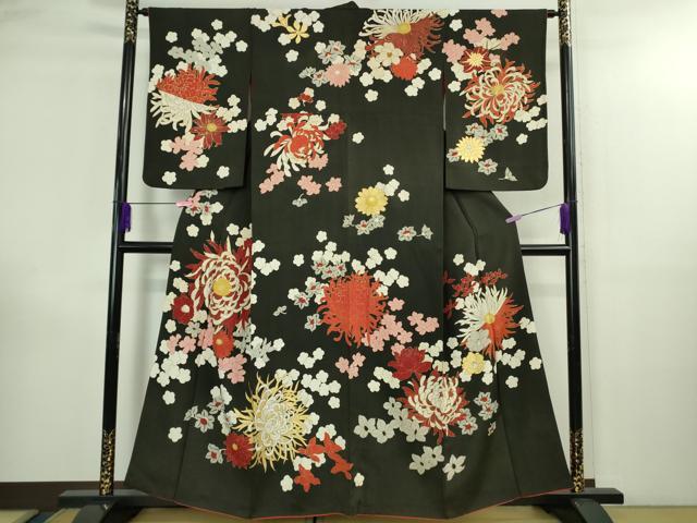 平和屋本店●極上 アンティーク 大正ロマン 訪問着 中国三大刺繍 相良刺繍 乱菊 黒地 金彩 逸品 DZAB3025kh6|平和屋