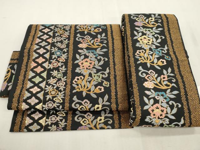 平和屋着物●つけ帯　市楽織　草花間道　黒地　金糸　正絹　逸品　CABI7372dy｜平和屋