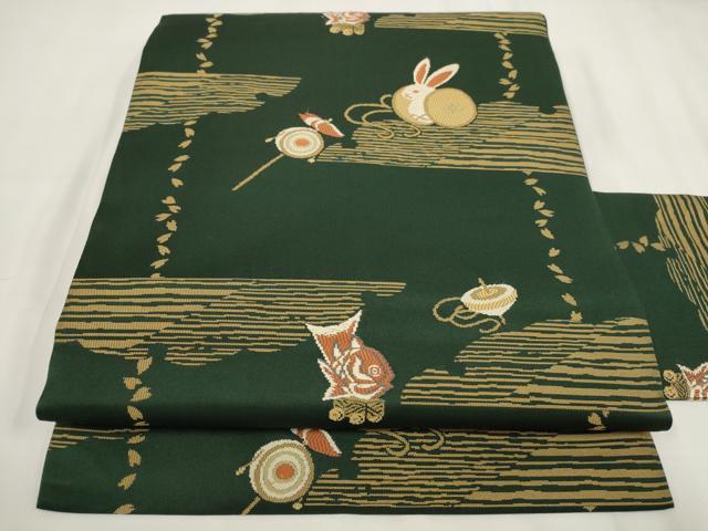平和屋着物●九寸名古屋帯 唐織 兎 玩具文 金糸 正絹 逸品 AABH1835wj|平和屋