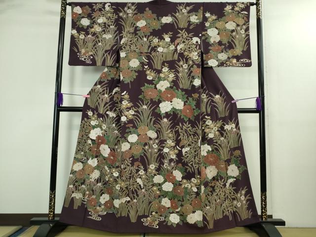 長閑やかさ屋中央局●御前上等 中国三大刺しゅう スワトウ刺しゅう 汕頭刺繍 短い訪問着 鴛鴦花文 紫紺色地 金糸 珠玉 DZAB3071kh6