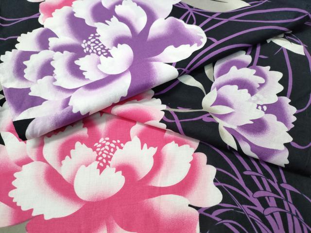 平和屋着物∴夏物 浴衣 枝牡丹文 黒地 綿 逸品 CABH1536ng|平和屋