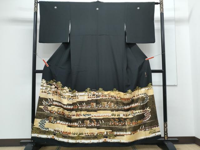 長閑やかさ屋御召しもの●松尾光琳 黒留袖 駒刺しゅう 貴族階級練りあるく図 金彩 正絹 珠玉 CABG8532
