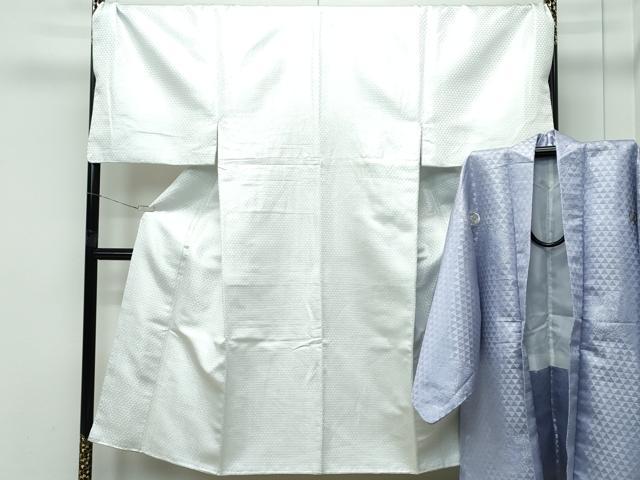長閑やかさ屋御召しもの●御前上等 成人男性 色無地・紋付き羽織書き割り キングサイズ 鱗丸文 銀通し地 御召しもの：白 羽織：薄鼠 一こま御召しもの 洗える御召しもの 珠玉CZAA5609s6