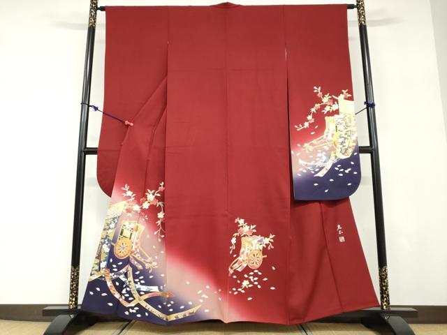 平和屋着物●金彩友禅 卓越技能者・名工・和田光正 振袖 几帳御所車草花文 暈し染め 金彩 京都きもの友禅扱い 正絹 逸品 DABD9392ud|平和屋