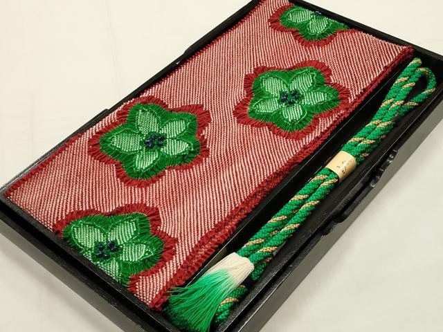 平和屋本店●和装小物 帯締め・帯揚げセット 振袖用 総絞り 舞花文 金糸 撚り房 逸品 未使用 AABG0787ay