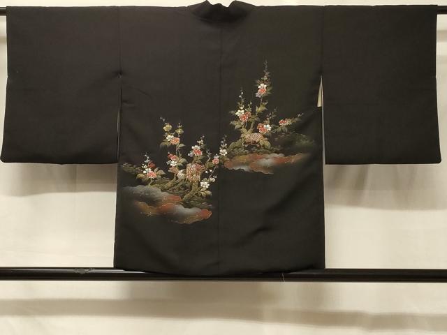 長閑やかさ屋御召しもの＃羽織 寿光織 雲取り貝桶花文 黒地 現ナマ糸 正絹 珠玉 CABG8071インチ