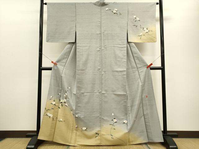 平和屋着物▽訪問着 単衣 白山紬 作家物 友禅 霞枝椿 正絹 逸品 CABF3062ze