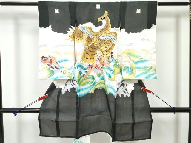 長閑やかさ屋御召しもの＊夏物 お宮参り お坊っちゃん 祝着 産着 初着 のしめ 絽 駒刺しゅう 鷹 鷲 立波笹文 暈し染め 銀彩 珠玉 DABE7386ma
