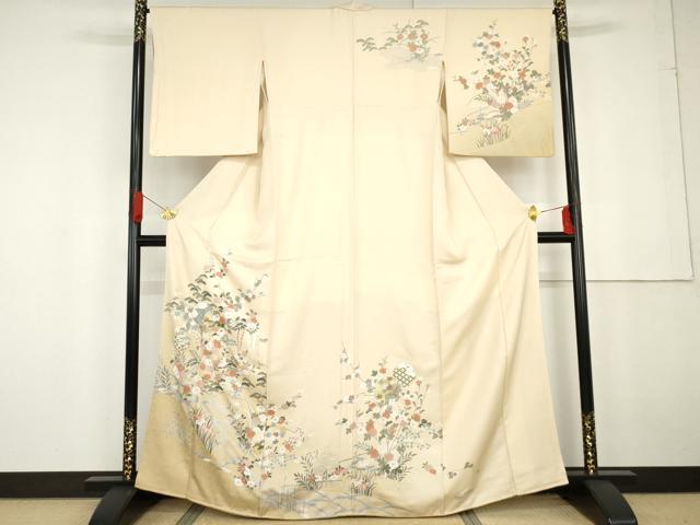 長閑やかさ屋お召しもの●短い訪問着 雪輪枝花文 暈し染め 金彩 正絹 珠玉 AABG2729cs