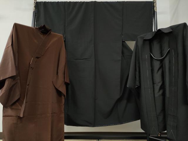 平和屋着物●男性 色無地 アンサンブル・長襦袢セット 着物・羽織:黒地 長襦袢:焦茶色 洗える着物 未使用 CABB4388yc|平和屋