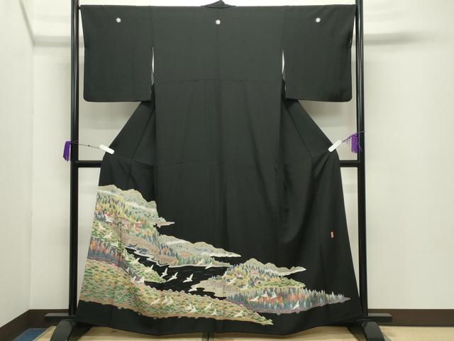 長閑やかさ屋御召しもの●晴れ晴れしい黒留袖 友禅 絵描き物 飛鳥見晴らし文 暈し染め 正絹 珠玉 CABD9015gh