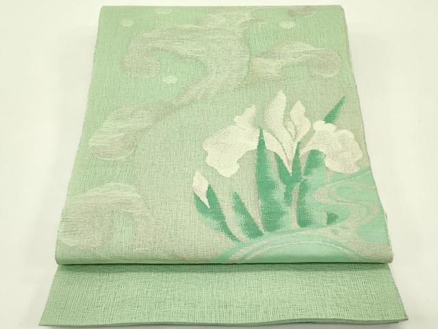 長閑やかさ屋御召しもの＊夏物 膜鳴楽器柄袋帯 すくい織 立波花ショウブ文 銀糸 正絹 珠玉 CABI5218rv