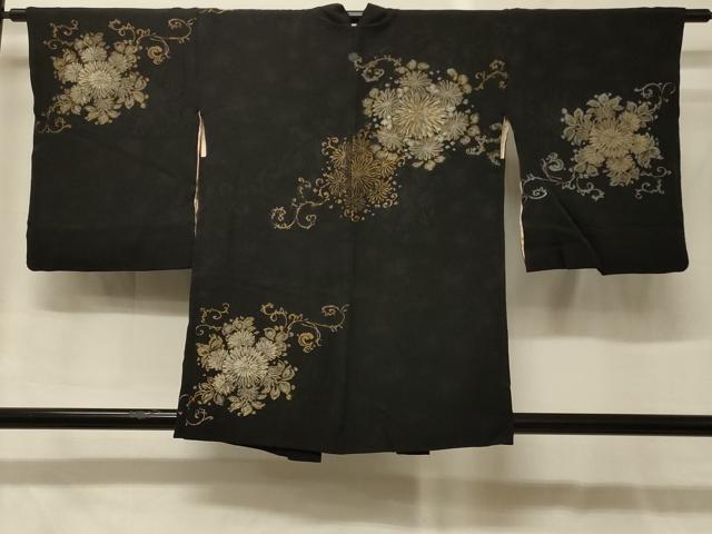 長閑やかさ屋御召しもの＃羽織 寿光織 花唐草文 黒地 現ナマ糸 正絹 珠玉 CABG8091インチ