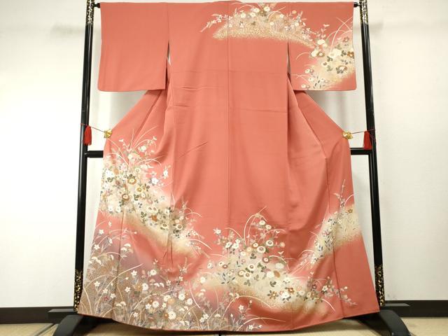 平和屋着物●訪問着　駒刺繍　草花文　暈し染め　金銀彩　正絹　逸品　AABF2058cs｜平和屋
