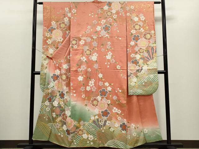長閑やかさ屋御召しもの●晴れ晴れしい振袖 水筋片輪車顕花植物文 暈し染め 金彩 正絹 珠玉 CABG2153ze