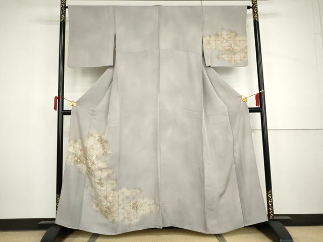 長閑やかさ屋御召しもの▽短い訪問着 単衣 刺しゅう 顕花植物文 暈し染め 金糸 金彩 正絹 珠玉 AABI7308cs