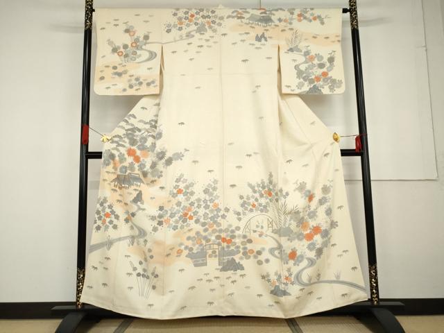 長閑やかさ屋お召しもの●短い訪問着 水筋見晴らし顕花植物文 金彩 正絹 珠玉 AABG2735cs