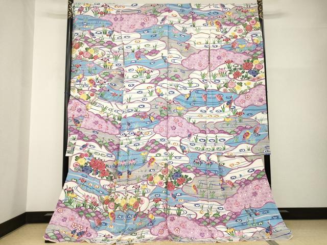 長閑やかさ屋御召しもの●晴れ晴れしい振袖 紅型 水流花鳥文 仮絵羽 珠玉 未当て嵌める AABI0770ck